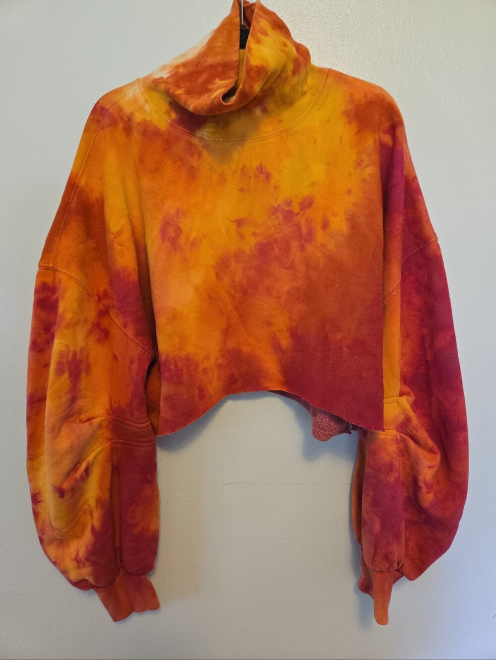 Free People Cropped Turtleneck Sweatshirt Yellow Orange Red Tie Dye L